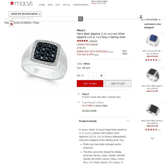 Mens Black Sapphire and White Sapphire Ring - Picture 3 of 3